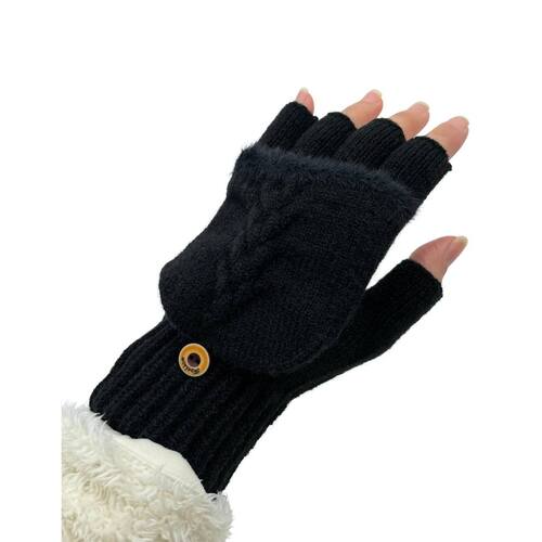 THSG1105: Black: Convertible Fingerless Gloves with Buttoned Flap