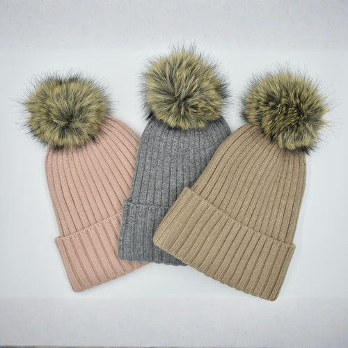 THSAP1385: (3 pcs) Double Layer Pom Pom Rib Knit Beanie Pack