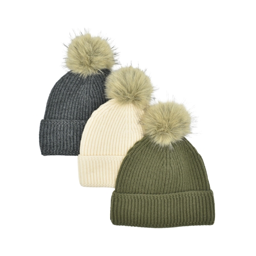 THSAP1398: (3 pcs) Pom Pom Ribbed Knit Beanie Pack