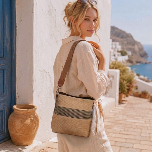 Camel: Striped Woven Tote Bag