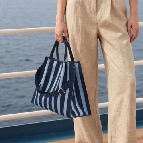 Navy: Vertical Stripe Crossbody Tote Bag