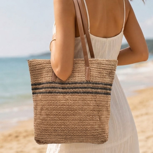 Camel: Lightweight Woven Shoulder Tote Bag