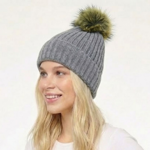 THSBE1028: Grey: Double Layer Pom Pom Rib Knit Beanie