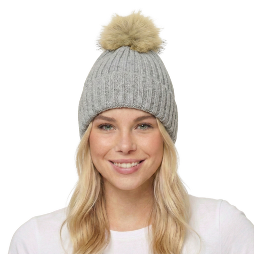 THSBE1034: Grey: Soft Knit Pom Pom Beanie