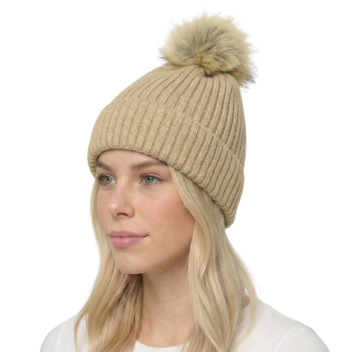 THSBE1035: Oat: Soft Knit Pom Pom Beanie