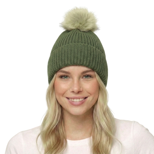 THSBE1037: Green:  Pom Pom Ribbed Knit Beanie 