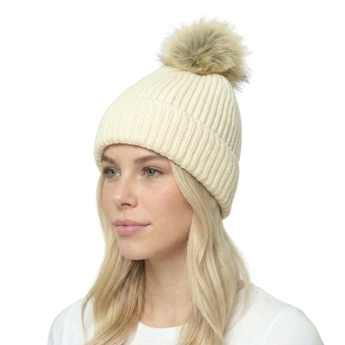 THSBE1039: Cream: Pom Pom Ribbed Knit Beanie 