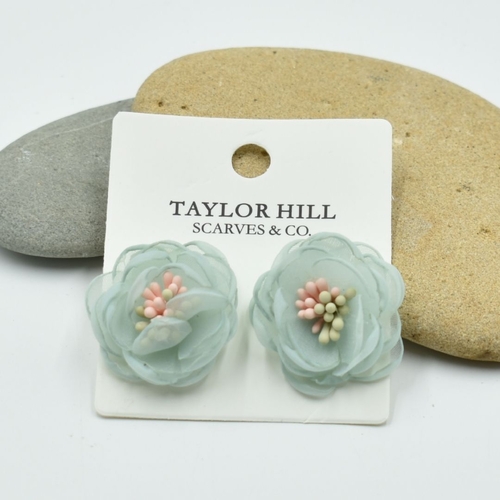 THSE1089: Pale Blue: Organza Flower Earrings