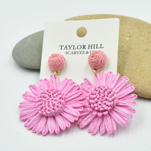 THSE1100: Rose Pink: Raffia Flower Earrings