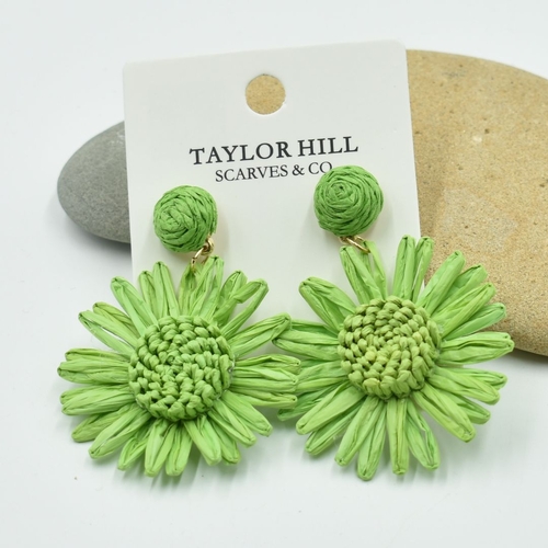 THSE1101: Emerald Green: Raffia Flower Earrings