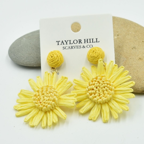 THSE1102: Yellow: Raffia Flower Earrings