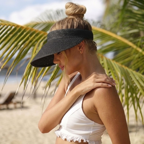 Black: Wide Brim Sun Visor Hat with Elastic Band