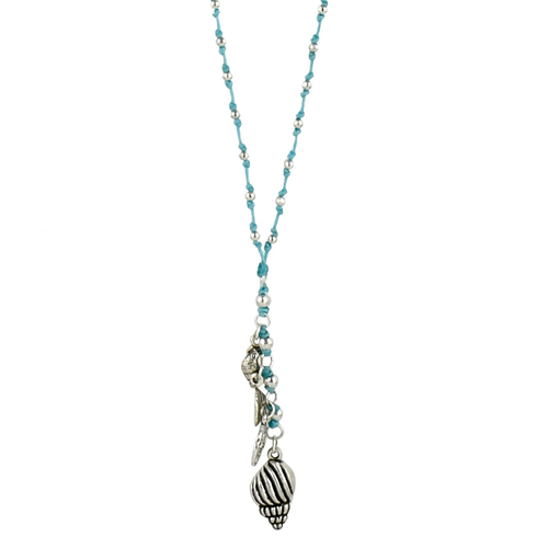 THSJ1108: Aqua Waxed Cord Necklace: Seashell