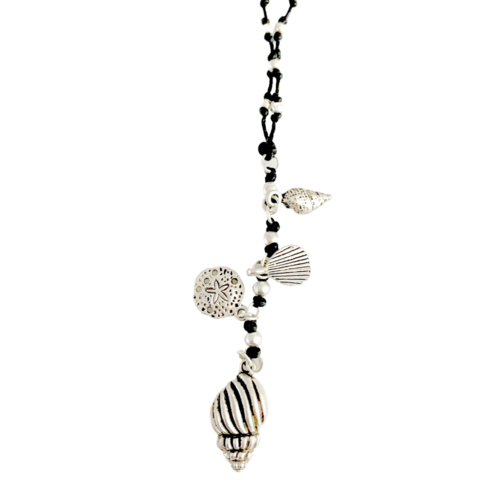 THSJ1108: Black: (2pcs) Waxed Cord Necklace: Seashell