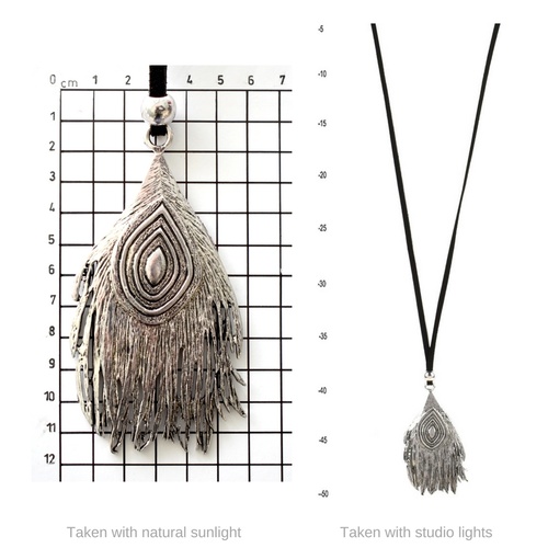 THSJ1166: Silver: Peacock Feather Pendant: Suede Leather Necklace