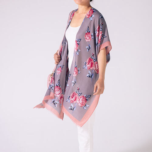 THSK1063: Grey: Floral Print Kimono