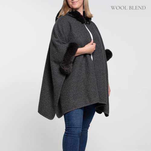 THSP1041: Dark Grey: Faux Fur Hooded Poncho