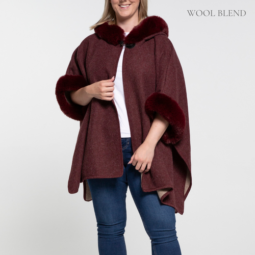 THSP1042: Burgundy: Faux Fur Hooded Poncho