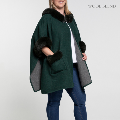 THSP1044: Green: Faux Fur Plain Sleeve Cape Coat