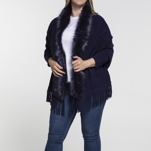 THSP1053: Navy: Faux Fur Plain Sleeve Cape Wrap