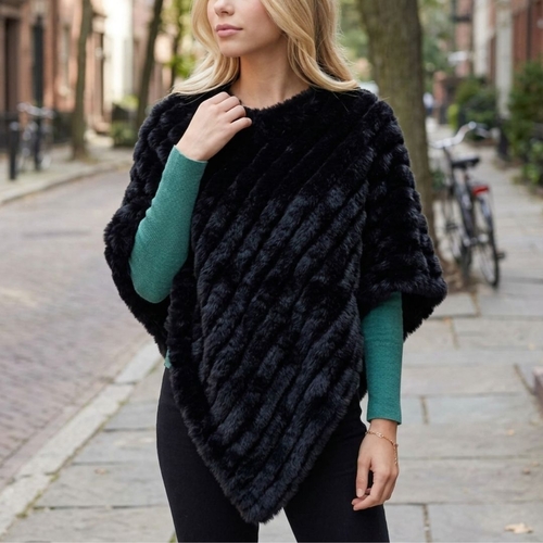 THSP1064: Plush Black: Faux Fur Poncho