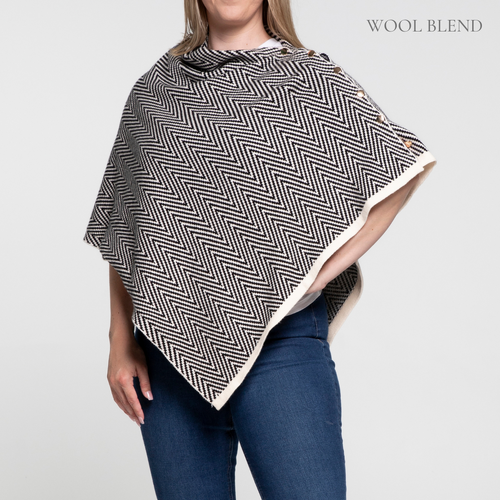 THSP2023: Black: Herringbone w Button Poncho