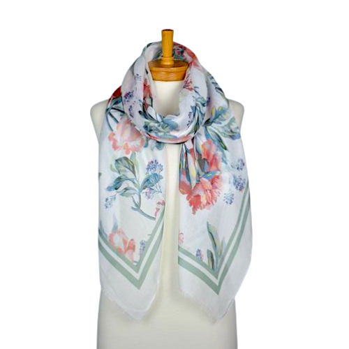 THSS2588: White: Double Border Floral Scarf