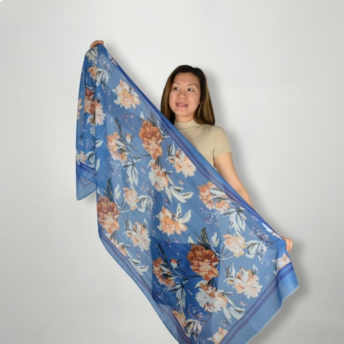 THSS2589: Blue: Double Border Floral Scarf