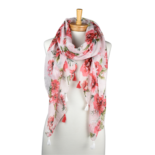 THSS2596: White: Buttercup Flower Tassel Scarf