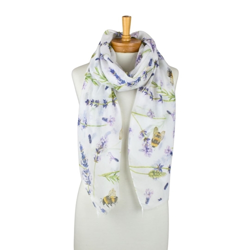 THSS2792: White: Lavender Bees Garden Scarf
