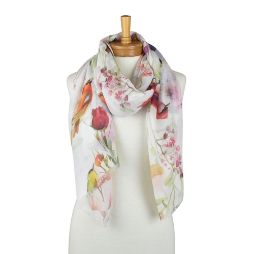 THSS2804: White: Birdsong Garden Scarf