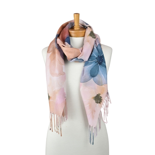 THSS2823: Brown Teal: Watercolour Floral Fringed Scarf