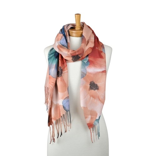 THSS2824: Blue Pink: Watercolour Floral Fringed Scarf