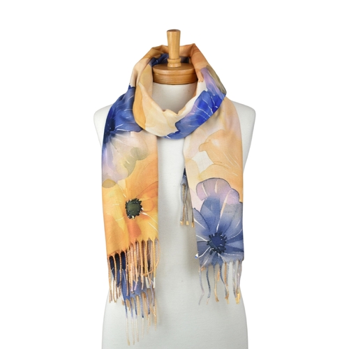 THSS2825: Yellow Blue: Watercolour Floral Fringed Scarf