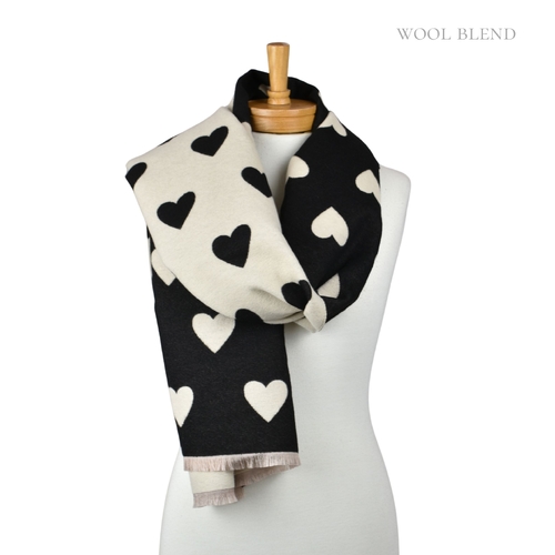 THSS2835: Black: Reversible Hearts Scarf