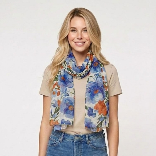 THSS2885: Blue: Botanical Garden Floral Scarf