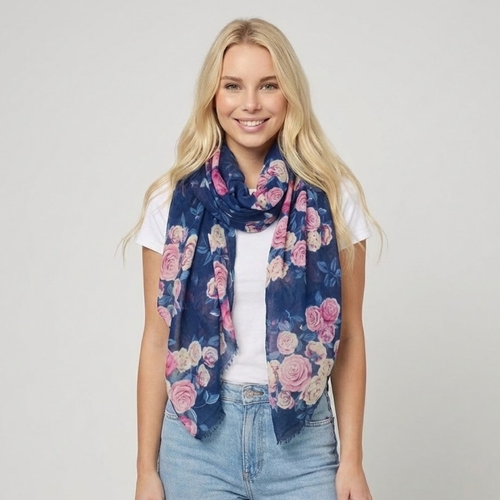 THSS2891: Navy Pink: Vintage Rose Garden Scarf