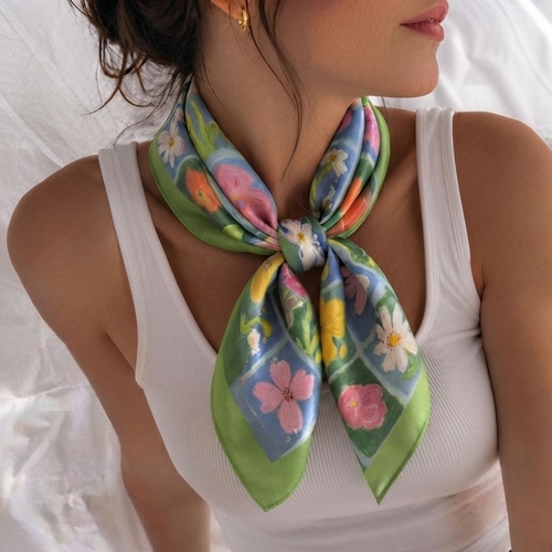 Sage: Floral Checkered Square Scarf