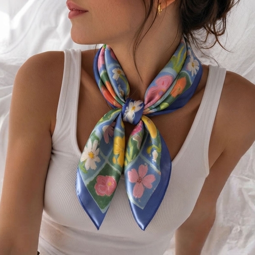 Blue: Floral Checkered Square Scarf