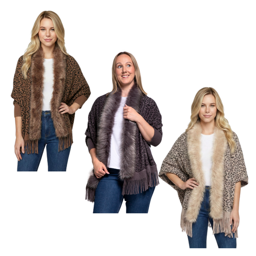 THSAP1040: (3 pcs) Faux Fur Leopard Sleeve Cape Wrap Pack