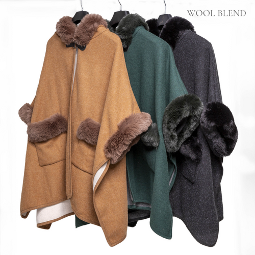 THSAP1069: (3 pcs) Faux Fur Plain Sleeve Cape Coat Pack