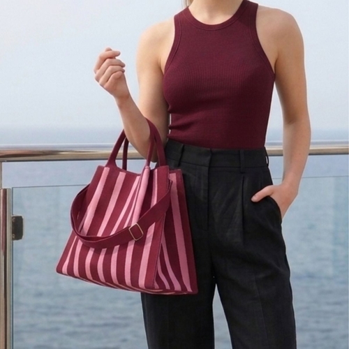 Burgundy: Vertical Stripe Crossbody Tote Bag