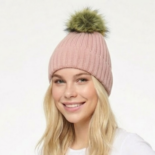 THSBE1026: Pink: Double Layer Pom Pom Rib Knit Beanie