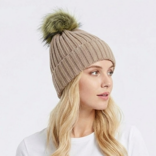 THSBE1027: Taupe: Double Layer Pom Pom Rib Knit Beanie