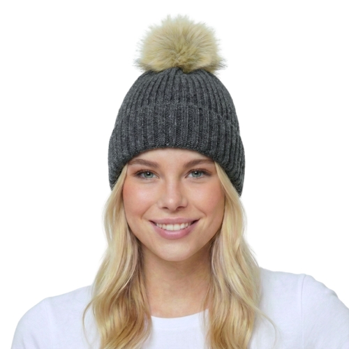 THSBE1038: Dark Grey: Pom Pom Ribbed Knit Beanie 