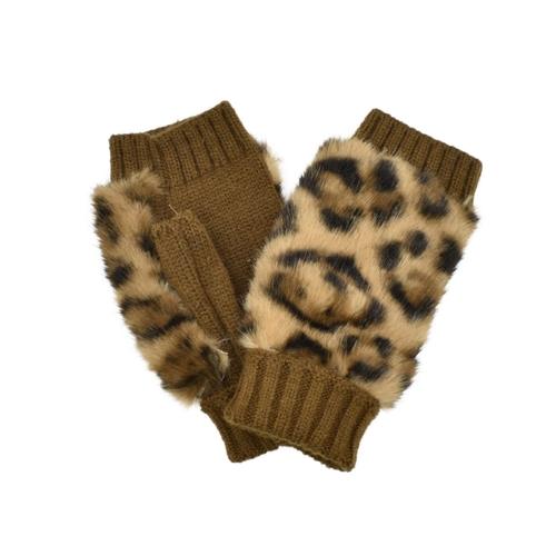 THSG1136: Brown: Faux Fur Cuff Fingerless Gloves