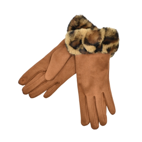 THSG1140: Tan: Faux Fur Leopard Cuff Gloves