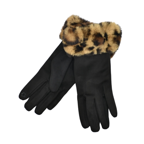 THSG1141: Black: Faux Fur Leopard Cuff Gloves