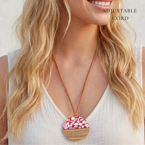 THSJ1283: Pink: Wood Resin Pendant Necklace