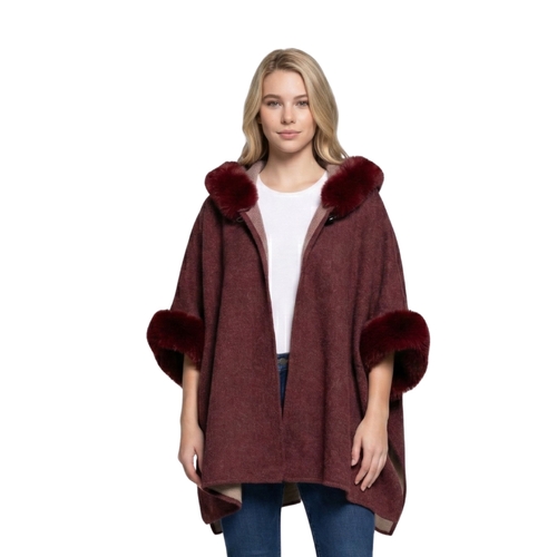 THSP1042: Burgundy: Faux Fur Hooded Poncho